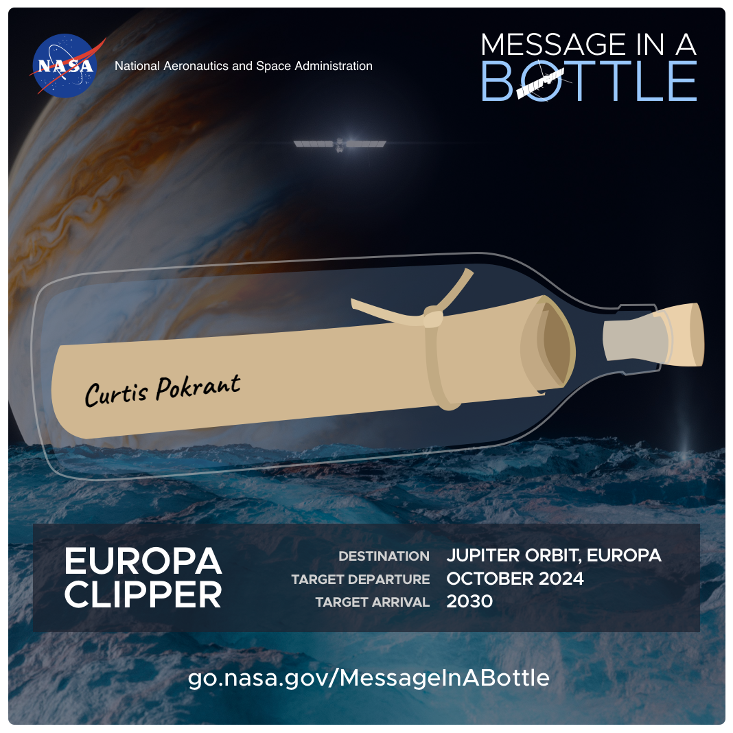 Personalized NASA Message in a Bottle artwork showing Curtis Pokrant's name aboard Europa Clipper